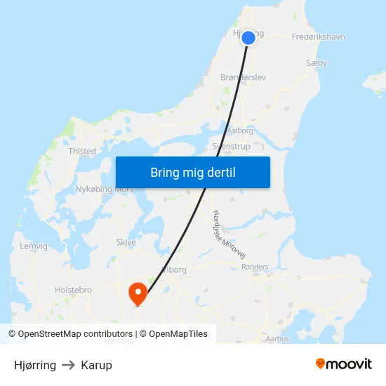 Hjørring to Karup map