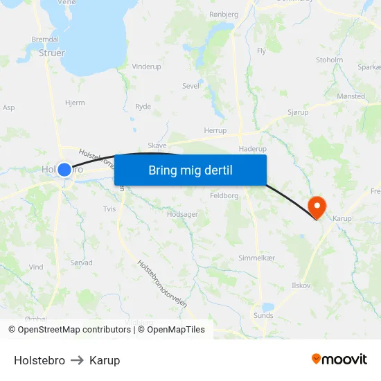 Holstebro to Karup map