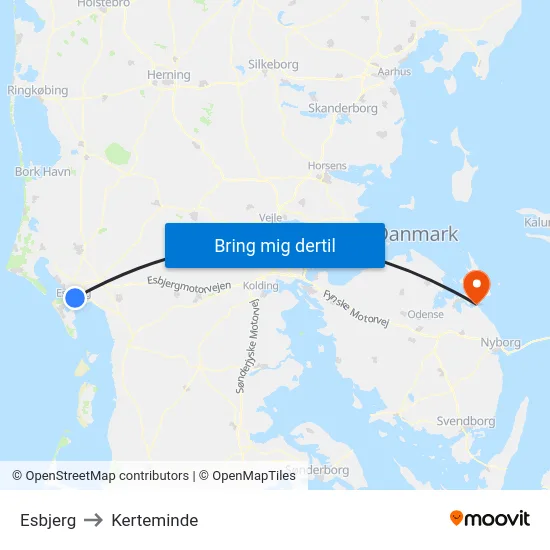 Esbjerg to Kerteminde map