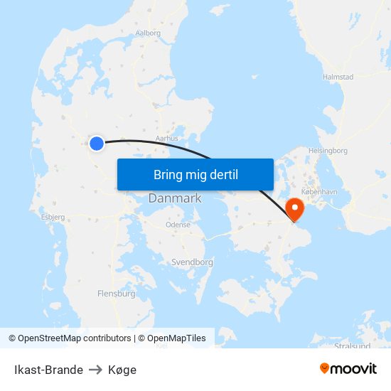 Ikast-Brande to Køge map