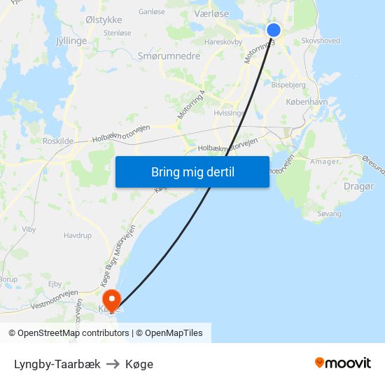 Lyngby-Taarbæk to Køge map