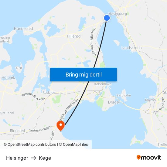Helsingør to Køge map
