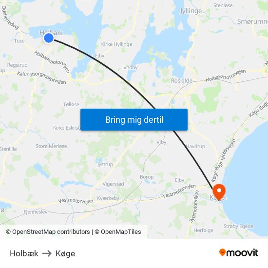 Holbæk to Køge map