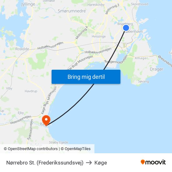 Nørrebro St. (Frederikssundsvej) to Køge map