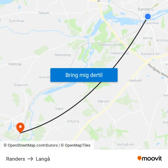 Randers to Langå map