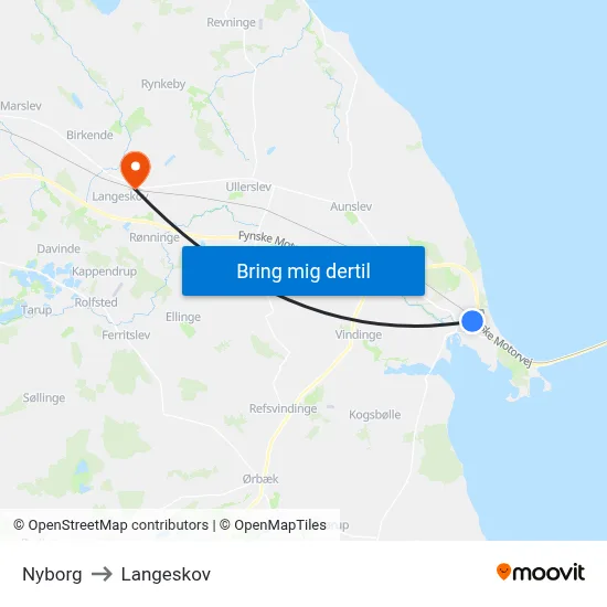 Nyborg to Langeskov map