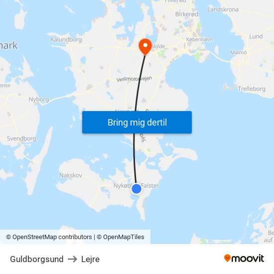 Guldborgsund to Lejre map