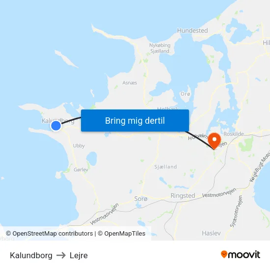 Kalundborg to Lejre map
