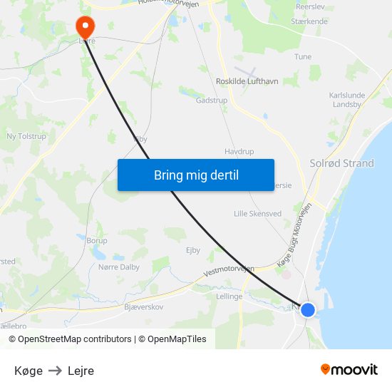 Køge to Lejre map