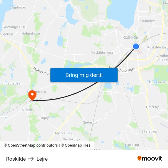 Roskilde to Lejre map