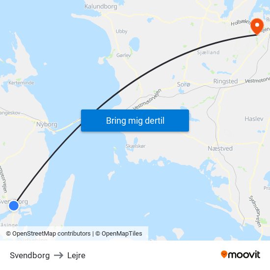 Svendborg to Lejre map