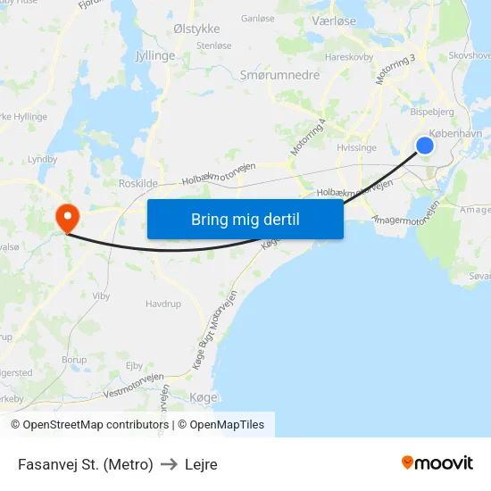 Fasanvej St. (Metro) to Lejre map