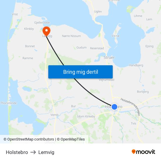 Holstebro to Lemvig map