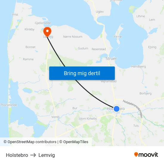 Holstebro to Lemvig map