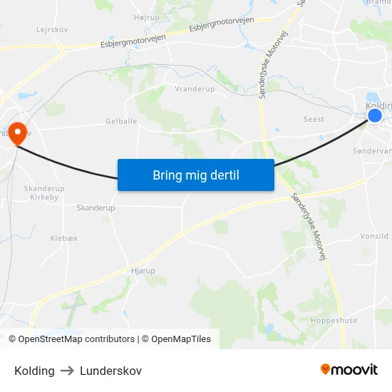 Kolding to Lunderskov map