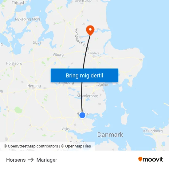 Horsens to Mariager map