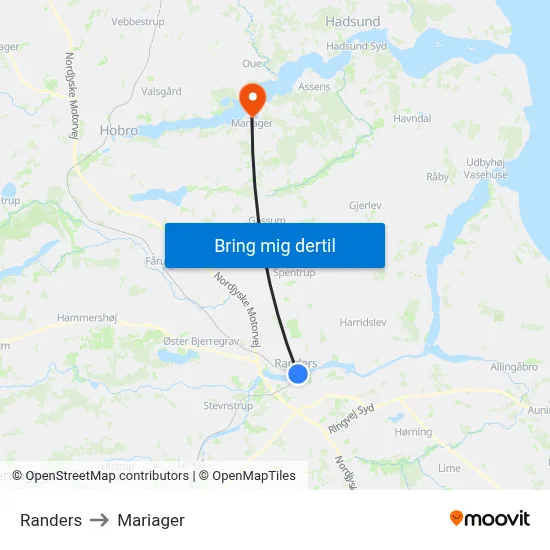 Randers to Mariager map