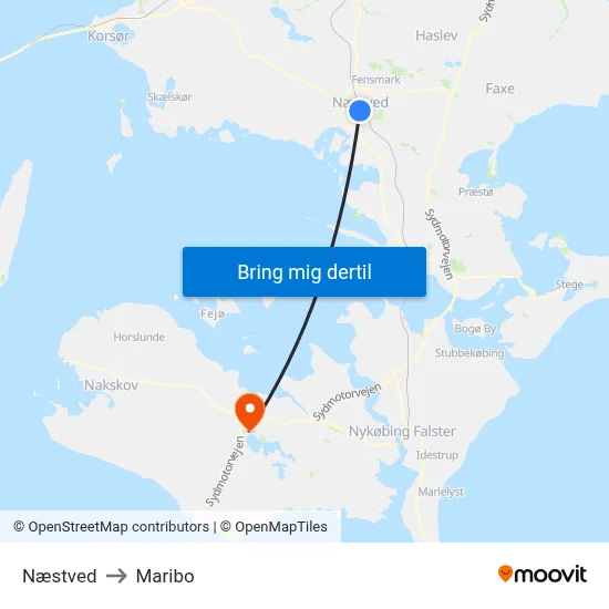 Næstved to Maribo map