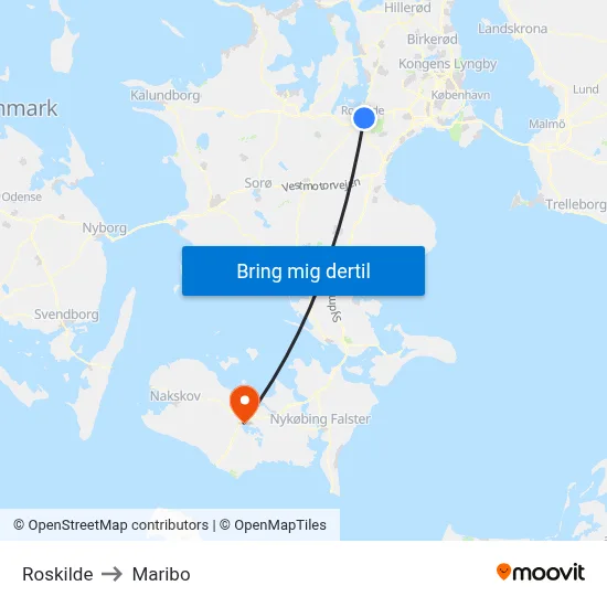 Roskilde to Maribo map