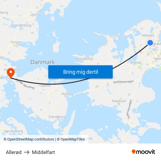 Allerød to Middelfart map