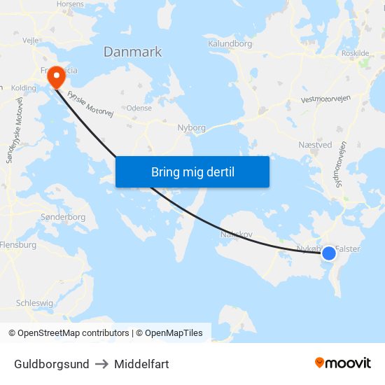 Guldborgsund to Middelfart map