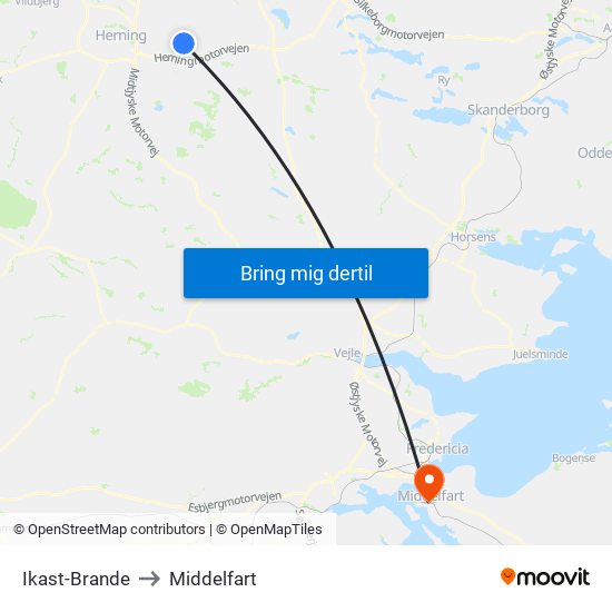 Ikast-Brande to Middelfart map