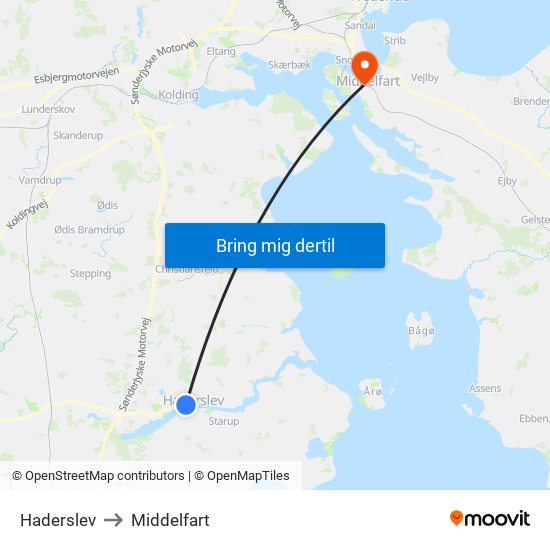 Haderslev to Middelfart map