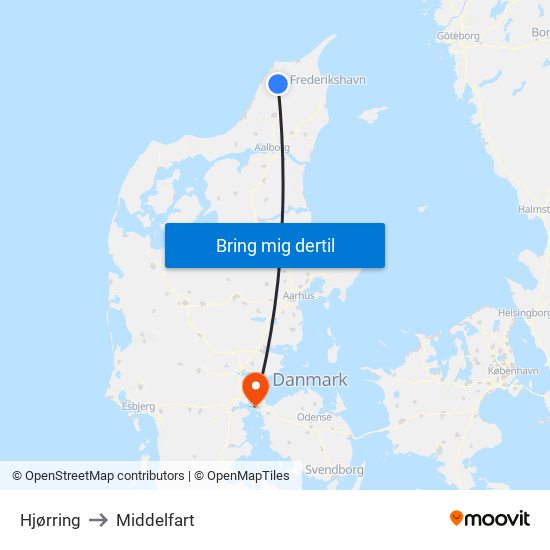 Hjørring to Middelfart map