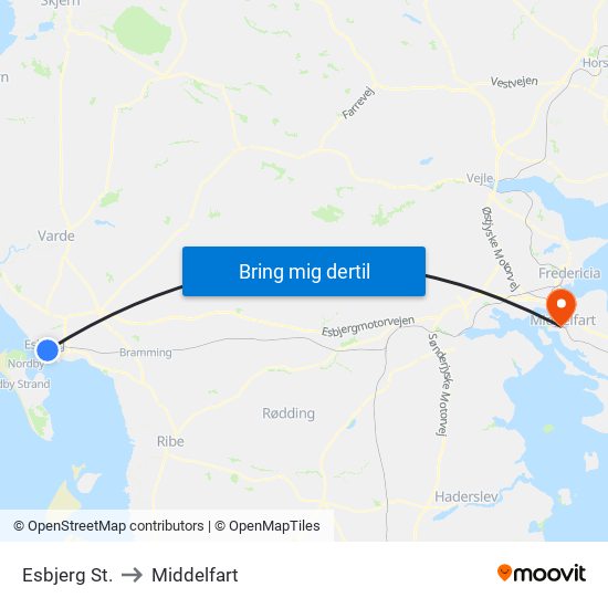 Esbjerg St. to Middelfart map