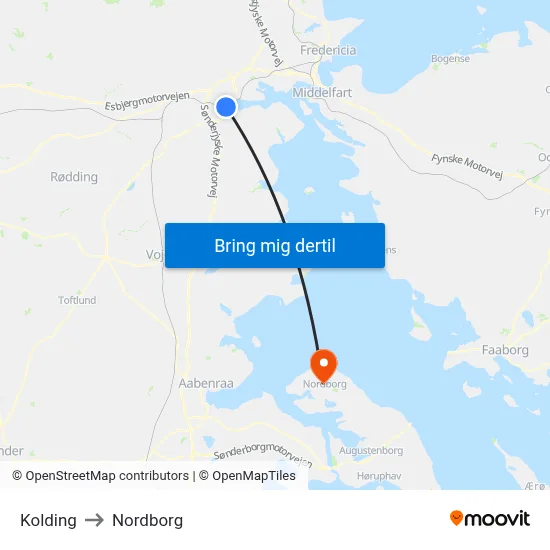 Kolding to Nordborg map
