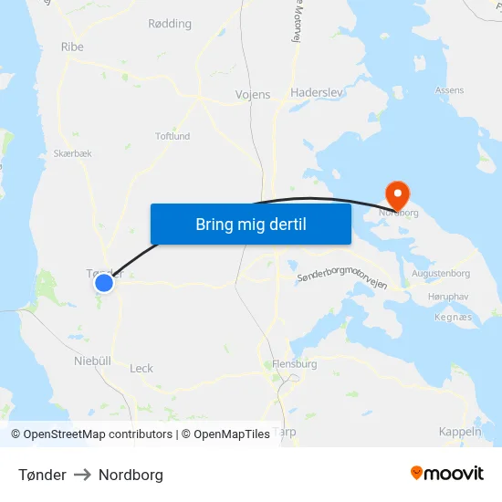 Tønder to Nordborg map