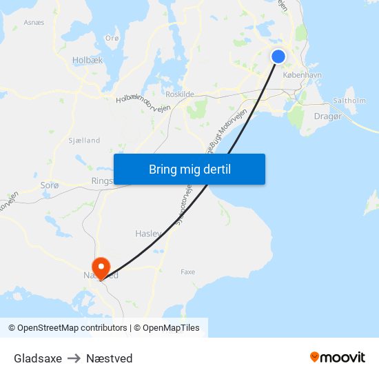 Gladsaxe to Næstved map