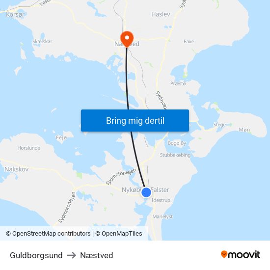 Guldborgsund to Næstved map