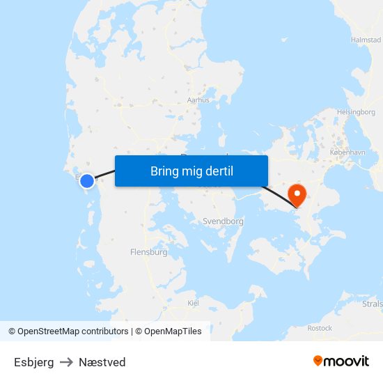 Esbjerg to Næstved map