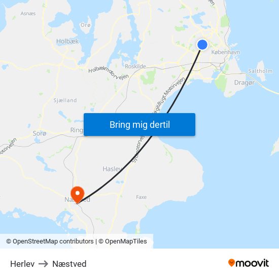 Herlev to Næstved map