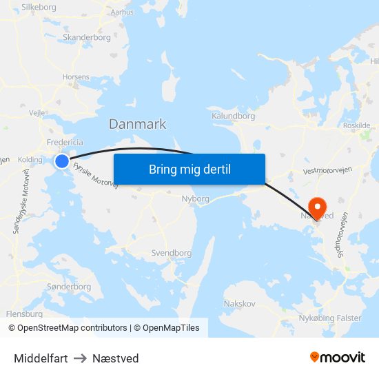 Middelfart to Næstved map