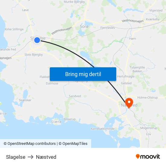 Slagelse to Næstved map