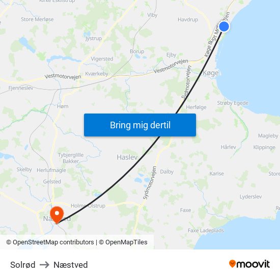 Solrød to Næstved map