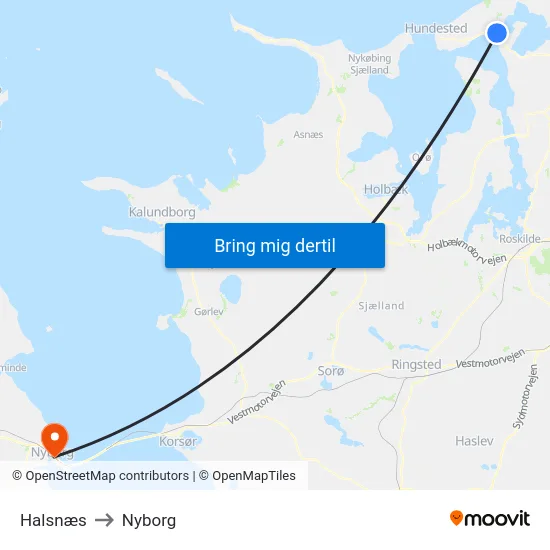 Halsnæs to Nyborg map
