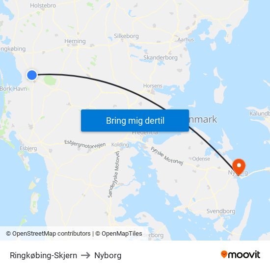 Ringkøbing-Skjern to Nyborg map