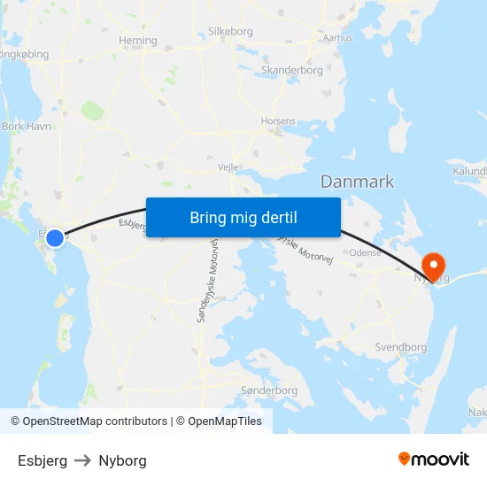Esbjerg to Nyborg map