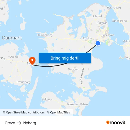 Greve to Nyborg map