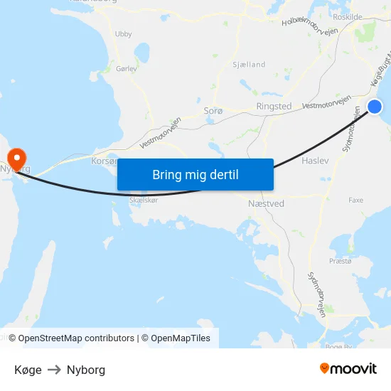 Køge to Nyborg map