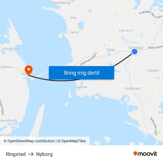 Ringsted to Nyborg map