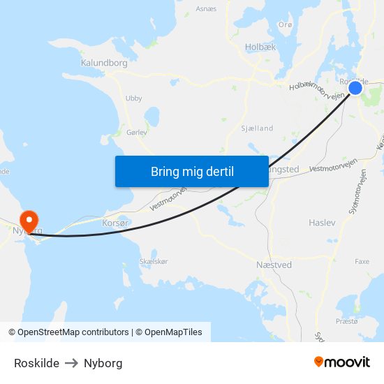 Roskilde to Nyborg map