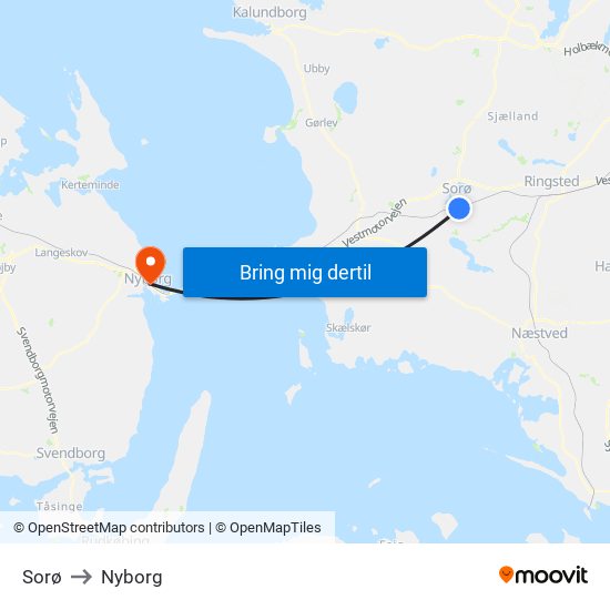 Sorø to Nyborg map