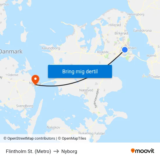 Flintholm St. (Metro) to Nyborg map