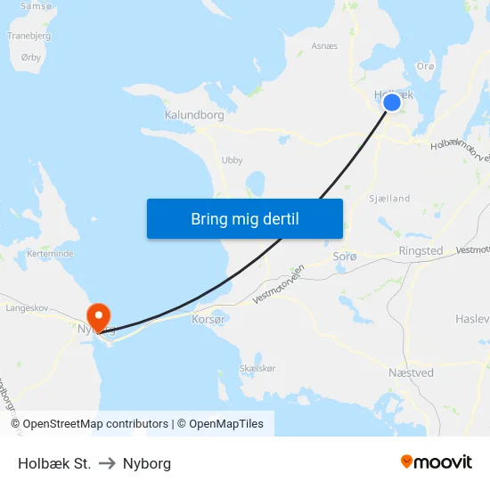 Holbæk St. to Nyborg map