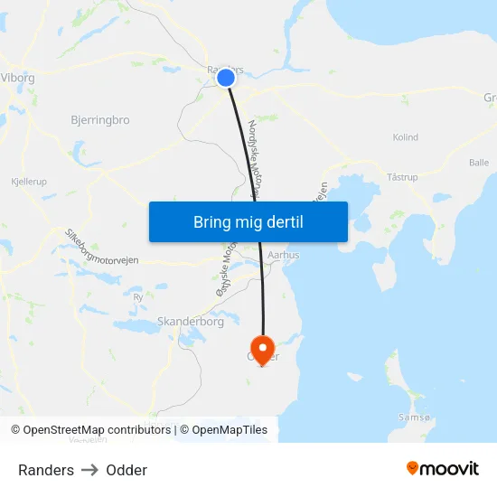 Randers to Odder map