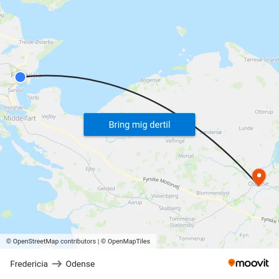 Fredericia to Odense map